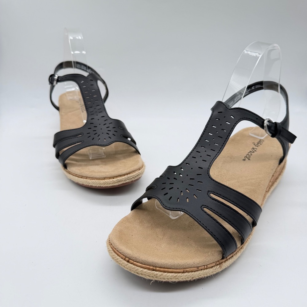 Easy Street Women Black Laser Cut Wedge Espadrille Sandals 31-6731 Size 9.5 W
